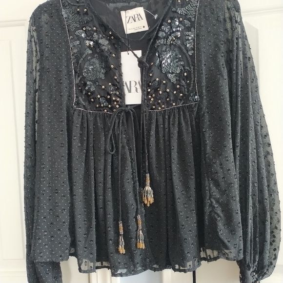 Zara Plumetis Black Jacket w Sequins and Beaded Tassels XS - Picture 11 of 12